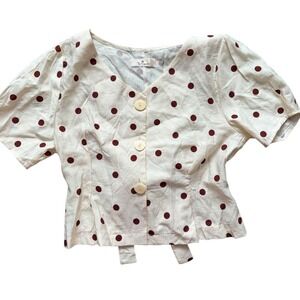 Tie Back Polka Dot V-Neck Tie Back Blouse Cream Burgundy Short Sleeve Top